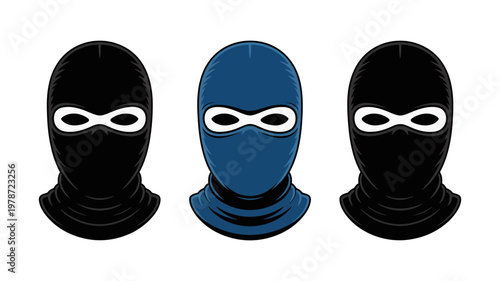 Three balaclava masks in black and blue colors isolated on white background for crime or security concept