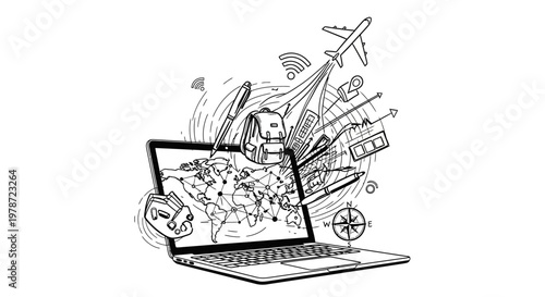 Laptop with travel and transportation icons