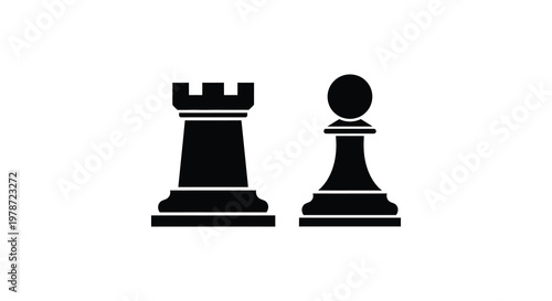 A stark composition displays a black rook and pawn chess pieces creating a minimalist visual statement silhouette