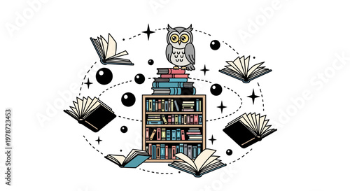 Owl sitting on stack of books surrounded by floating books and celestial objects.