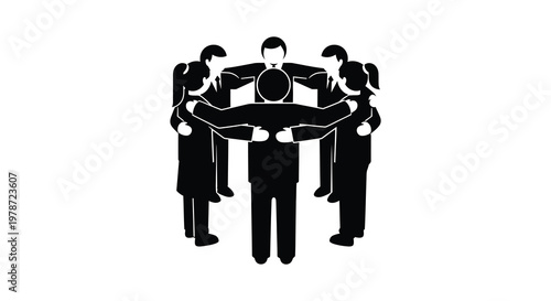 A group of business professionals stand in a close circle with arms linked forming a strong unity silhouette
