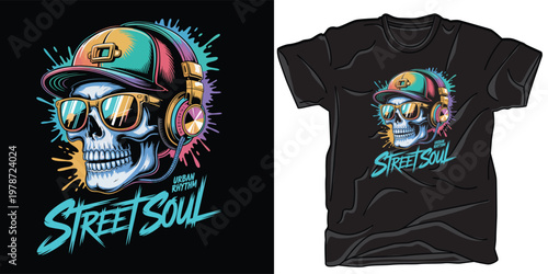 Street Soul Skull T-Shirt with Headphones, Sunglasses and Graffiti Style