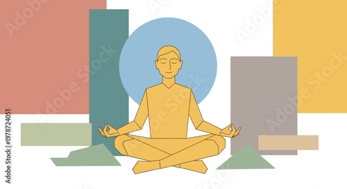 Man meditating in lotus position with colorful blocks