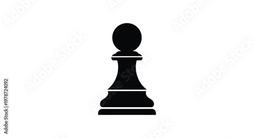 A stark black silhouette of a classic chess pawn stands prominently against a clean white background silhouette