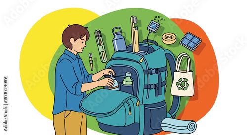 man packing blue backpack for travel or hiking