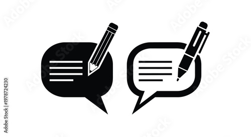 Two speech bubbles one containing a pencil and the other a pen represent written communication