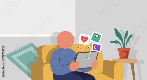 Man relaxing on sofa with laptop and social media icons floating above