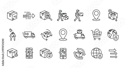 Delivery service icons depicting packages trucks and tracking a linear silhouette