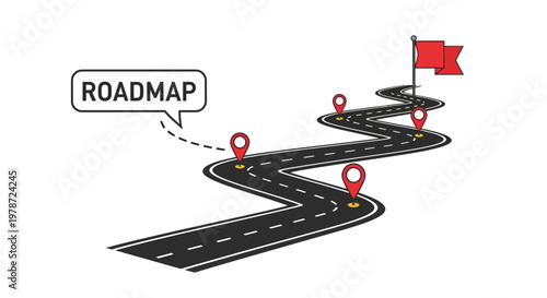 A winding roadmap with red markers indicating progress black silhouette