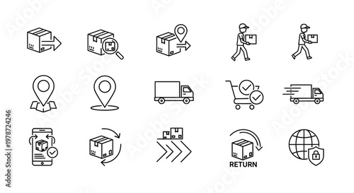 Delivery service icons depicting packages trucks and locations a silhouette