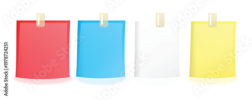 Set of four colorful blank rectangular paper notes with adhesive tape