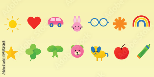 Set of colorful cute icons for kids, vector illustration