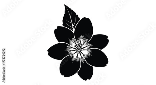 A striking black floral illustration showcases a blossoming flower with detailed petals and leaves a beautiful silhouette