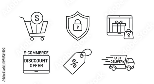 E commerce icons depicting shopping security and delivery as a silhouette