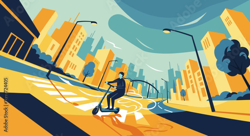 Man Riding Electric Scooter on City Street