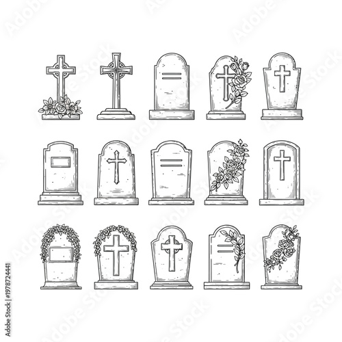 Json title easter day remembrance vintage tombstones and grave markers for memorial concepts description a collection of hand drawn vintage tombstones and