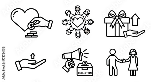 Charity and donation icons featuring hearts hands and people silhouette