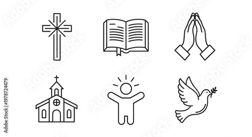 Religious icons including a church cross and praying hands silhouette