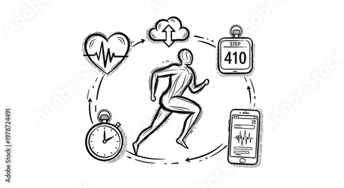 Man running with fitness icons around him