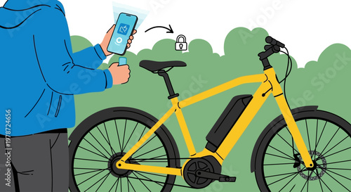 Man using smartphone to lock yellow electric bicycle outdoors