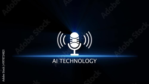 AI Technology Microphone Icon with Light Rays and Blue Glow