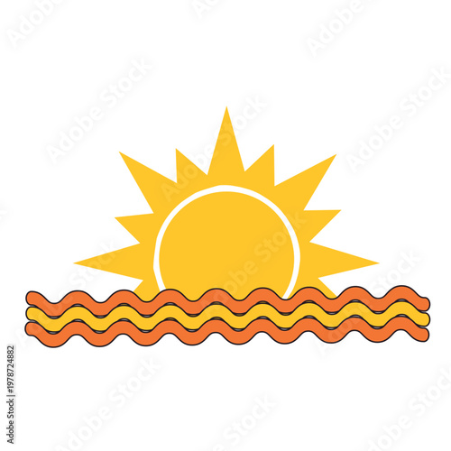Vector illustration of a sunrise or sunset over wavy water. The yellow sun with geometric rays is partially hidden behind the waves.