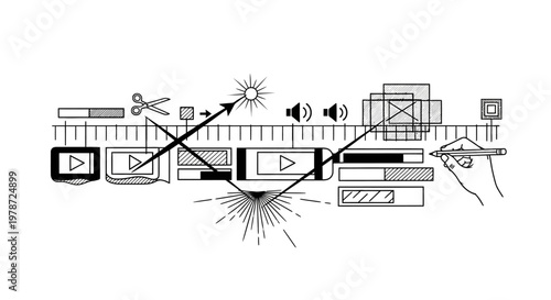 Black and white illustration of a film and video editing suite