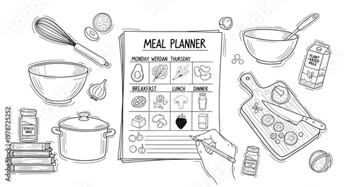 Meal planning illustration with kitchen utensils and food