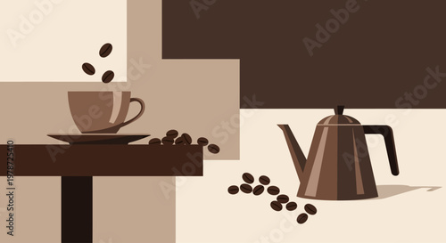 Brown coffee cup and kettle on table