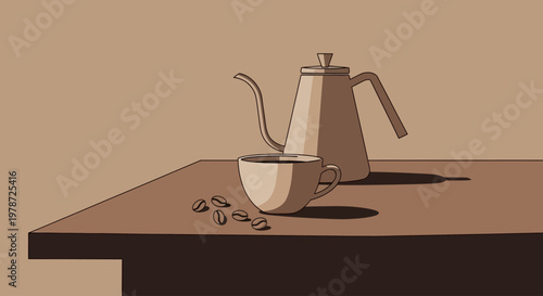 Brown Moka coffee pot and cup on table