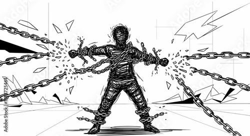 Breaking free concept with a man shattering chains