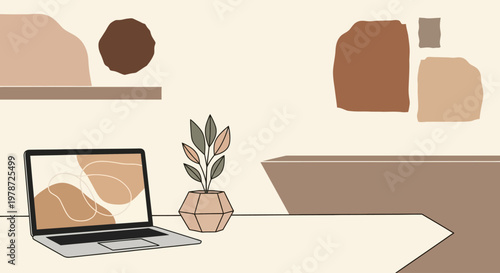 Minimalist home office workspace with laptop and plant