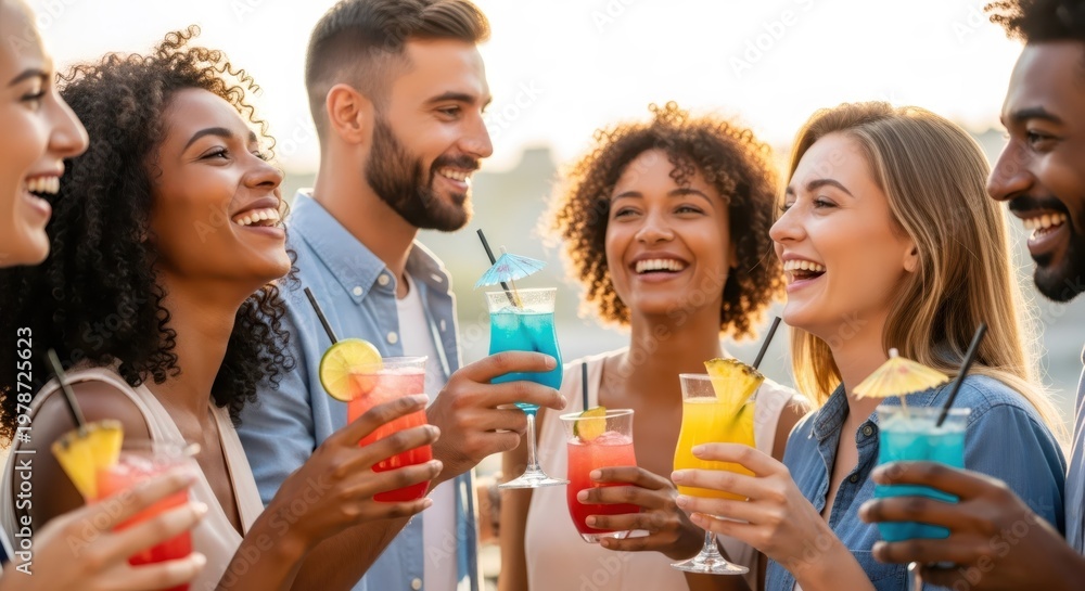 Obraz premium Group of diverse friends holding and toasting colorful tropical cocktails at outdoor party. Happy men and women socializing and drinking together during summer vacation. Leisure time concept.
