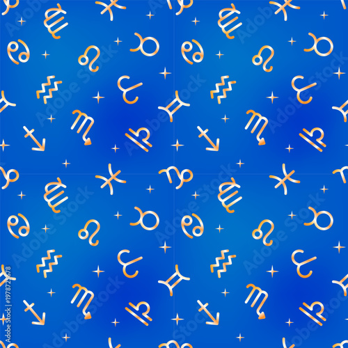 Golden zodiac signs on blue sky background with stars. Seamless pattern. Astrology, horoscope. Vector illustration