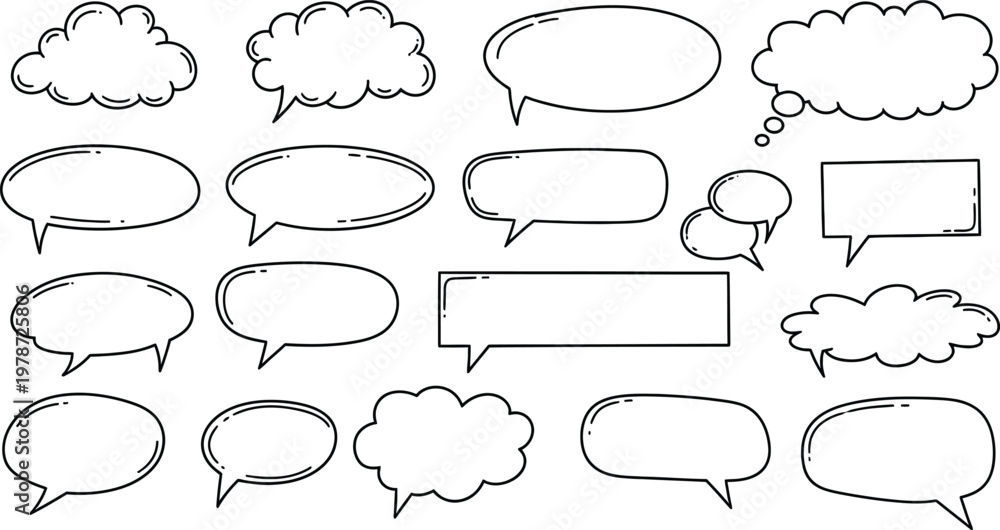 Fototapeta premium Large collection of empty hand-drawn speech bubbles and thought clouds for text and dialog with speech bubble text box pop art