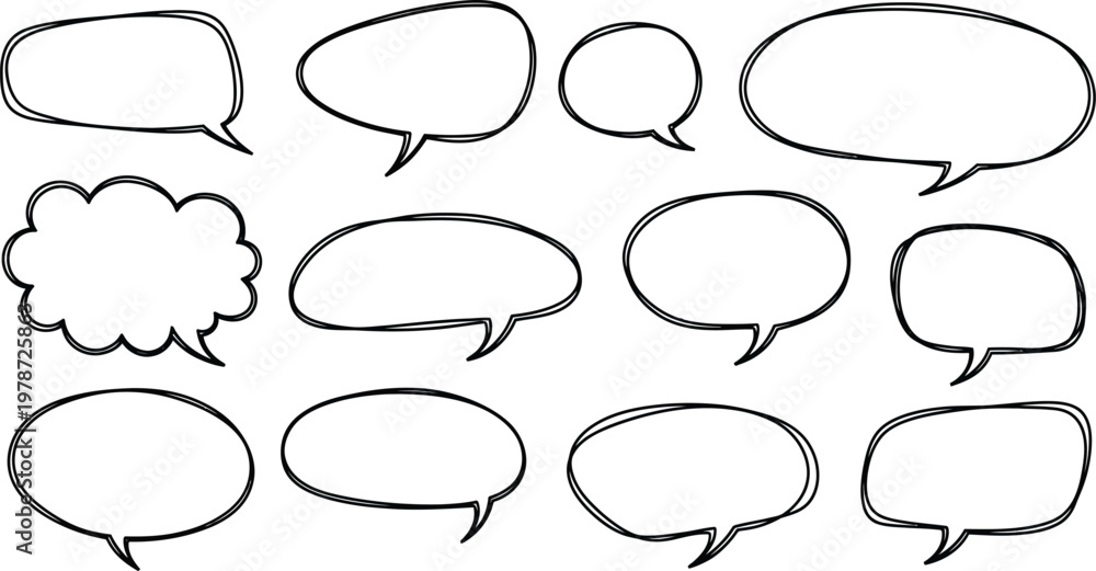 Fototapeta premium Set of thirteen hand-drawn style speech and thought bubbles with speech bubble dialogue box dashed border word balloon template