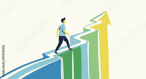 Business growth concept with person climbing up colorful arrow stairs