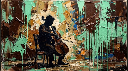 Cellist with instrument silhouette against mint green and chocolate brown impasto. Palette knife oil painting textures, thick
