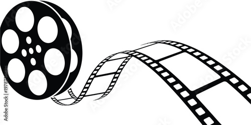 Classic film reel icon symbolizing cinema and movies with black and white design isolated on white background, Vector, illustration