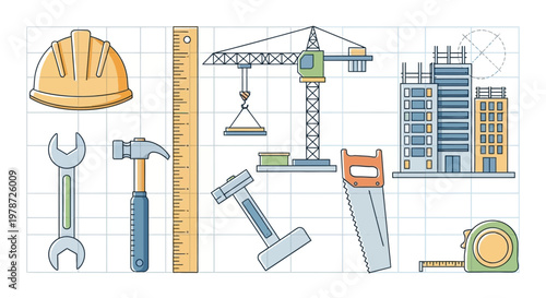 Construction tools and equipment set.