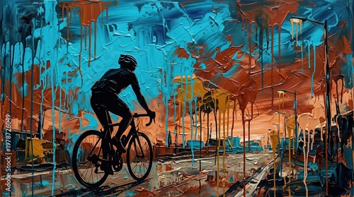 Cyclist with helmet silhouette against cyan and burnt sienna textured drips. Palette knife oil painting textures, thick impasto,