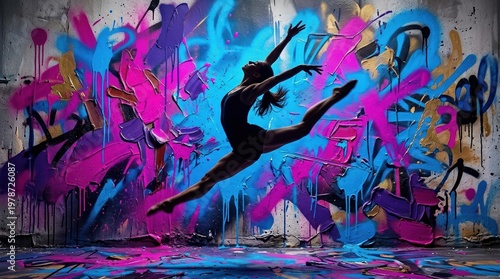 Dancer performing contemporary move silhouette against electric blue and magenta spray paint. Palette knife oil painting textures,