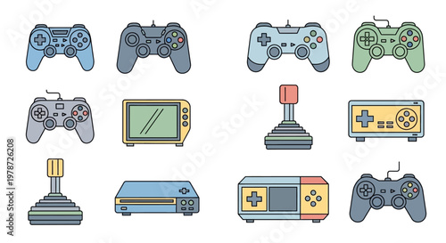 Colorful retro gaming controllers and consoles.