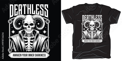 Deathless skull with big horns vector t-shirt design black and white skeleton illustration.