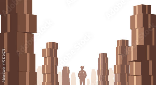 Lone police officer stands centered in a warehouse environment surrounded by towering stacks of brown cardboard boxes under bright, clean studio lighting effects.