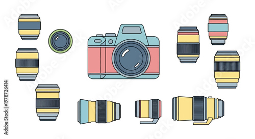 Colorful camera and lens illustration.