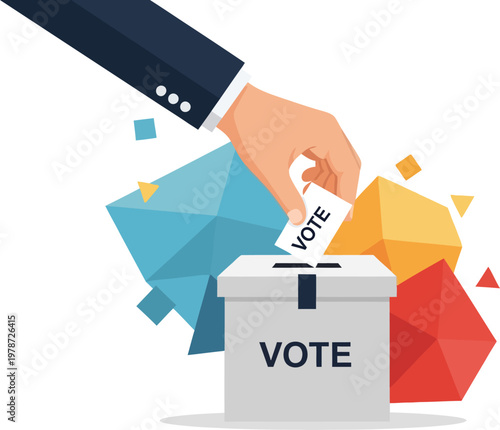 Hand placing a vote into ballot box with colorful abstract shapes civic duty voting process public opinion political participation voting choice ballot casting vote paper