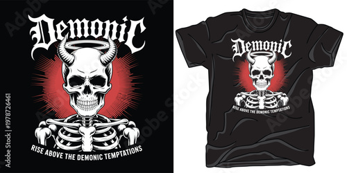 Demonic skull with horns and halo vector t-shirt design black and white skeleton illustration.