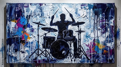 Drummer with sticks silhouette against icy white and indigo thick paint layers. Palette knife oil painting textures, thick impasto
