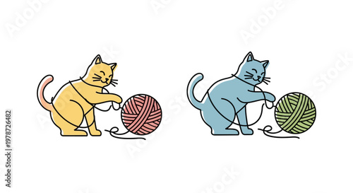 Two cats playing with yarn balls.